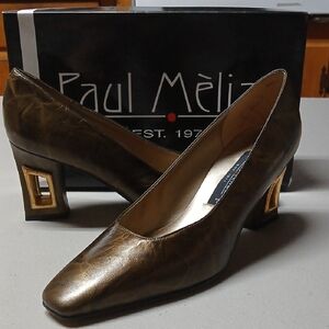 Paul Melian Leather Dark Gold Square Toe Pumps w/ Cut-Out Block Heels Size 9 1/2